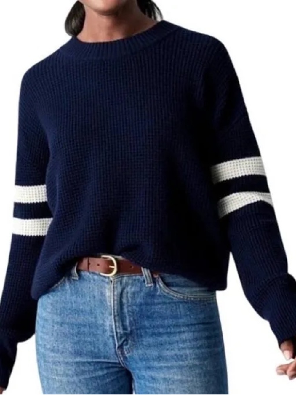 Faherty Navy Wool Blend Crewneck Sweater waffle Stitch White Sleeve Stripes XL